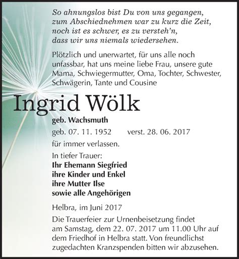 Traueranzeigen Von Ingrid W Lk Abschied Nehmen De