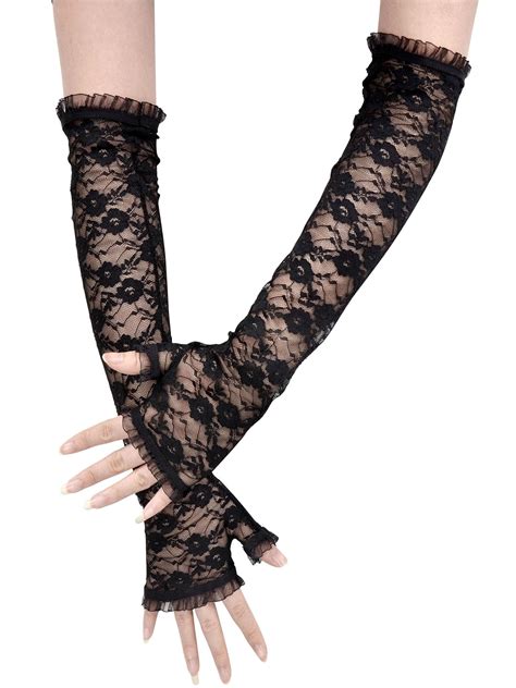 Pair Wedding Feminine Fingerless Arm Warmer Elbow Length Lace Gloves Black Mittens