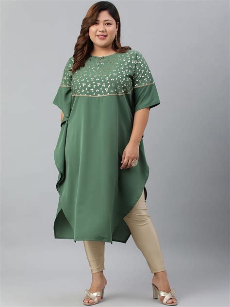 XL LOVE By Janasya Indian Women S Plus Size Green Poly Crepe Foil Print