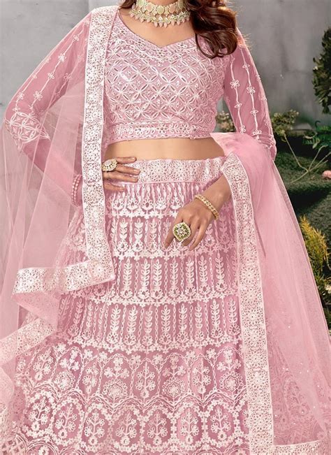 Shop Pink Net Embroidered Umbrella Lehenga Party Wear Online At Best