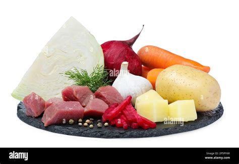 Ingredients for traditional borscht on white background Stock Photo - Alamy