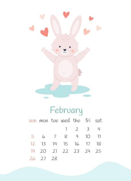 Premium Vector February 2023 Calendar Cute Bunny With Hearts Happy