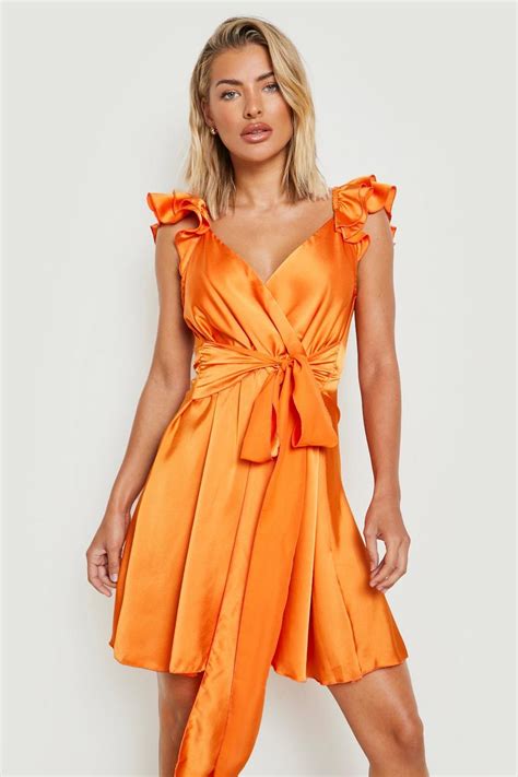 Satin Wrap Ruffle Skater Dress Boohoo Uk