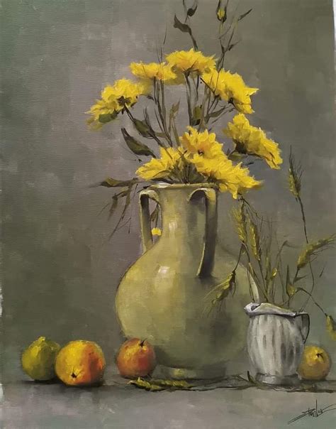 A Painting Of Yellow Flowers In A White Vase And Some Fruit On The