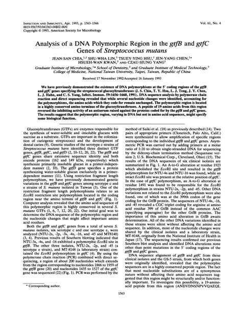 Pdf Analysis Of A Dna Polymorphic Region In The Gtfb And Gtfc Genes Of Streptococcus Mutans