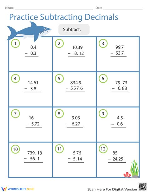 Practice Subtracting Decimals Worksheet