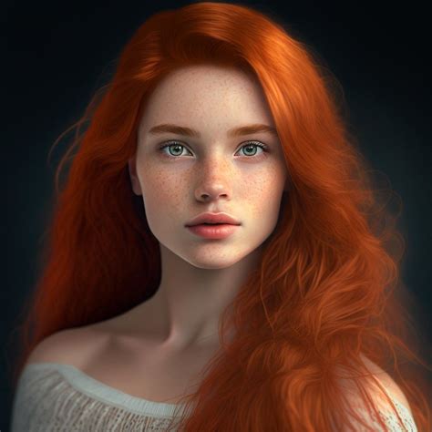 A Woman With Long Red Hair And Blue Eyes Is Shown In This Digital