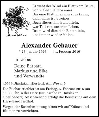 Traueranzeigen Von Alexander Gebauer Trauer In NRW De