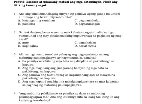 Panuto Basahin At Unawaing Mabuti Ang Mga StudyX