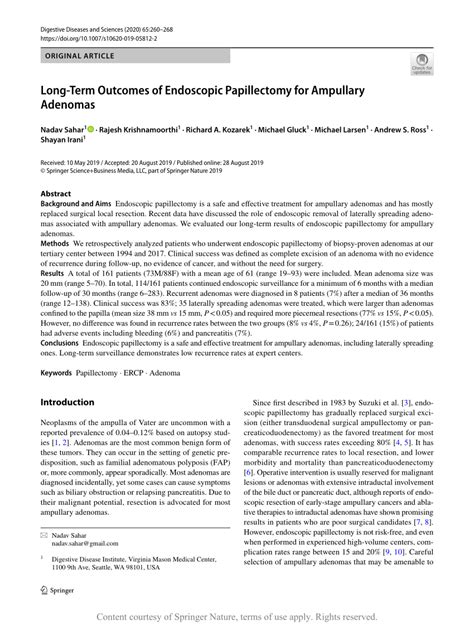 Long Term Outcomes Of Endoscopic Papillectomy For Ampullary Adenomas Request Pdf