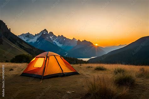 camping tent high in the mountains at sunset Stock Photo | Adobe Stock