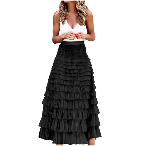 Posijego Women A Line Maxi Skirts Elastic Waist Mesh Tiered Long Skirt