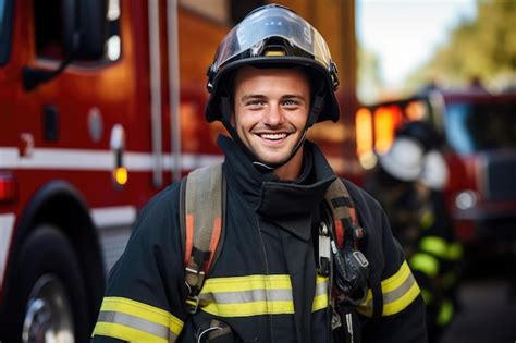 Premium Photo Photograph Of A Cheerful Firefighter Wearing A Gas Mask