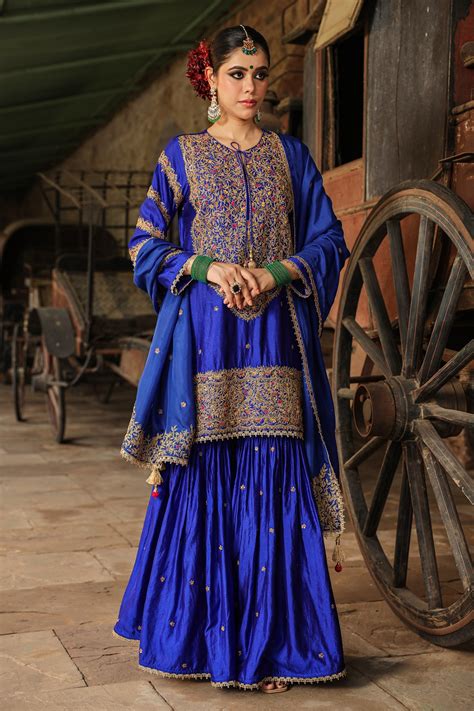 Buy Blue Pure Banarasi Spun Silk Embroidery Floral Kurta Sharara Set