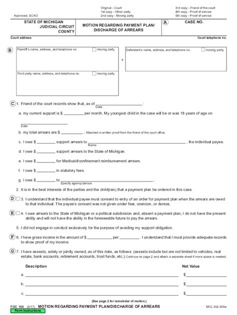 Foc 109 Motion Regarding Payment Plandischarge Of Arrears Form Fill