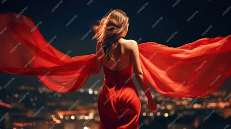 Premium Photo Back Side In Red Flying Dress Woman Red Flying Dress