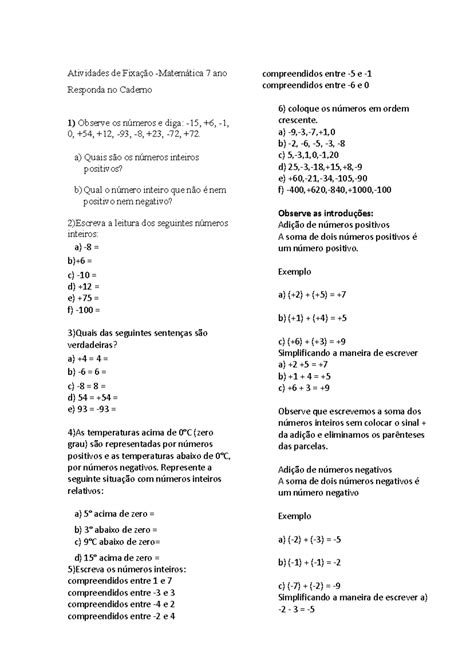 Matematica Do 7 Ano - Atividades de Fixação -Matemática 7 ano - Atividades de Fixação ...