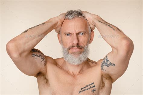 Sexy Middle Aged Mature Man With Grey Hair And Beard Shirtless With