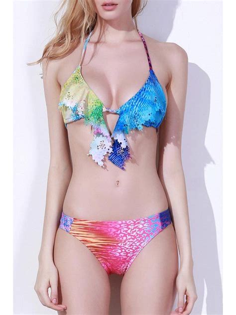 [16 Off] 2021 Spliced Printed Color Block Bikini Set In Colormix Zaful