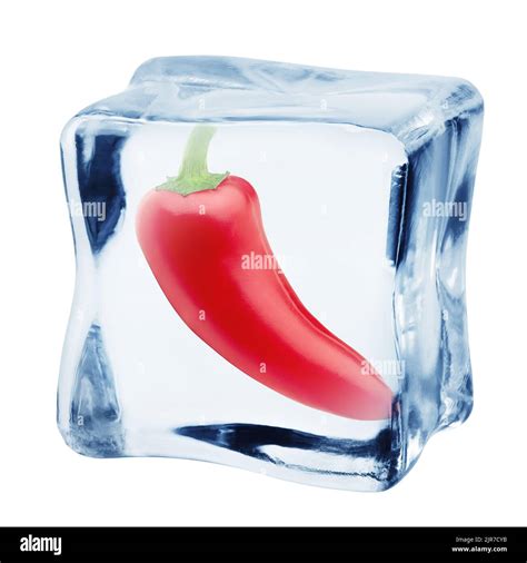Red Hot Chili Pepper In Ice Cube Isolated On White Background Clipping Path Full Depth Of