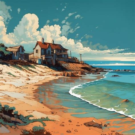 Premium Photo A Painting Of A Beach House With A Beach Scene In The