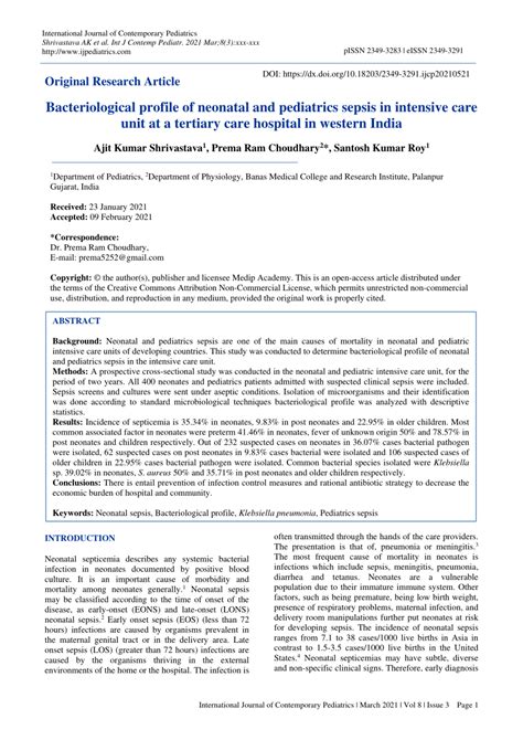 Pdf Bacteriological Profile Of Neonatal And Pediatrics Sepsis In Intensive Care Unit At A