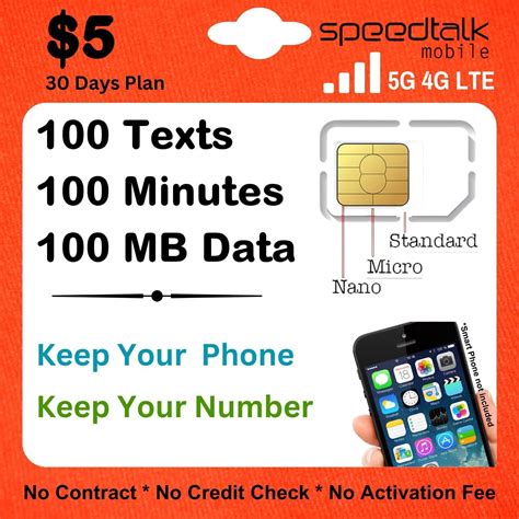 $5/Month SIM Prepaid Plan: 100 Texts, 100 Mins, 100MB Data