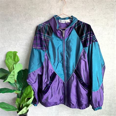 Vintage 80s Teal And Purple Color Block Windbreaker Jacket With Velvet Plaid Trim 90s Zip Up