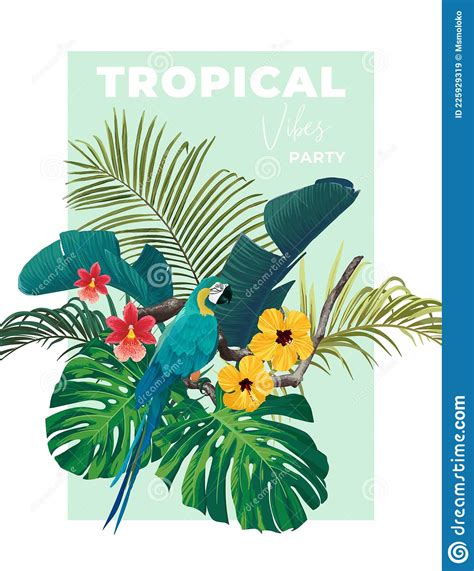 Summer Tropical Background With Exotic Palm Leaves And Hibiscus Flowers