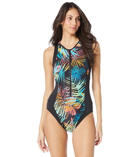 Gabar Womans Electric Garden High Neck Full Zip Front One Piece Swimsuit At