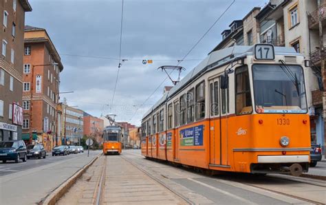 Orange Tram Public Transportation In Budapest Hungary Editorial Stock