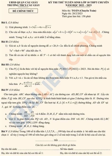 Đề Thi Thử Vào 10 Môn Toán Chuyên Năm 2023 2024 Thcs Cầu Giấy Hà Nội