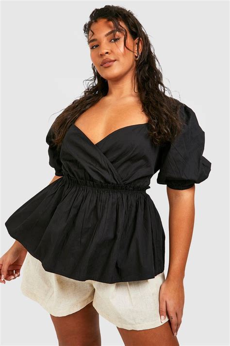 Black Plus Cotton Poplin Ruffle Waist Detail Smock Top Boohoo Uk