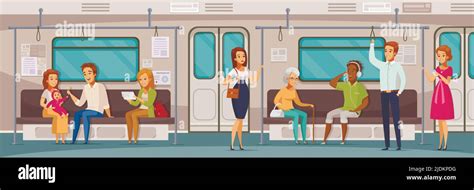 Subway Underground People Cartoon Horizontal Composition With View Of Passenger Compartment With