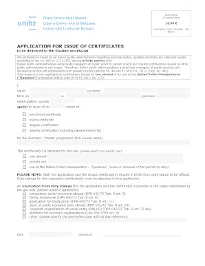 Fillable Online Unibz Application Form For The Issue Of Certificates