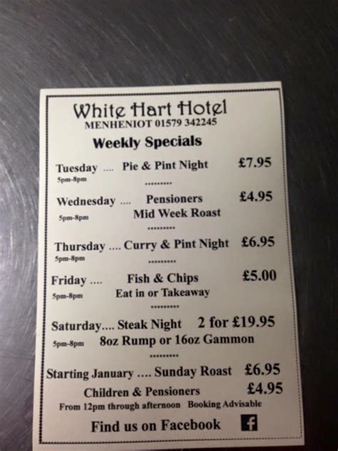 Menu At The White Hart Pub And Bar Menheniot