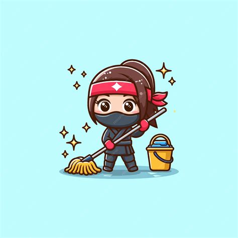 Premium Vector | Vector cute ninja cleaning floor with mop cartoon vector icon illustration