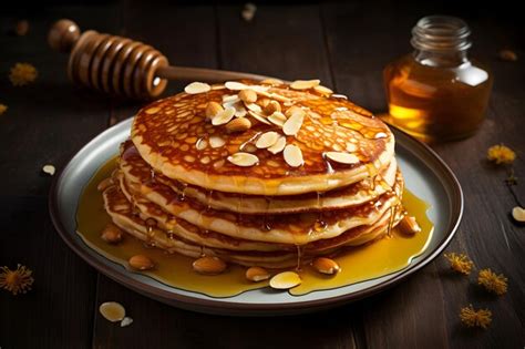 Premium AI Image | a stack of pancakes with syrup and nuts on top of them.