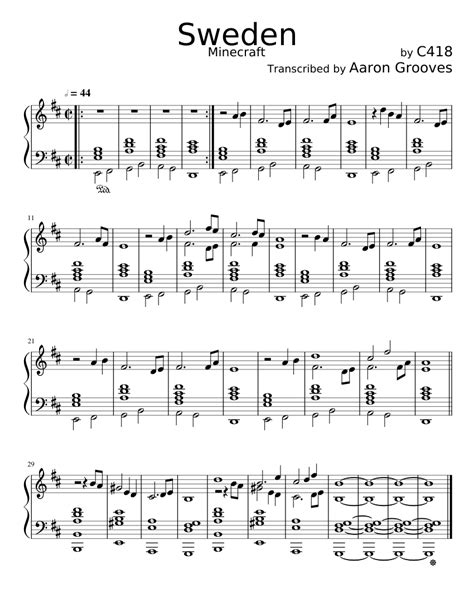 Minecraft Sweden Transcription By Aaron Grooves Sheet Music For Piano