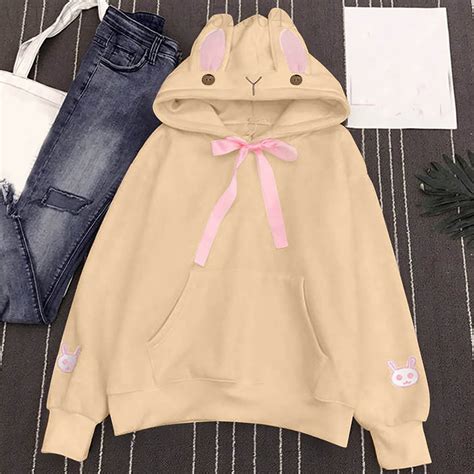 Womens Hoodie Cute Soft Rabbit Bunny Ears Pullover Solid Color Long