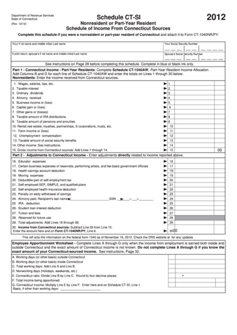 Fillable Schedule Ct Si Nonresident Or Part Year Resident Schedule Of