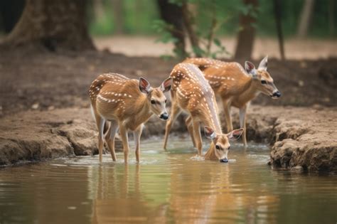 Un Groupe De Cerfs Qui Boivent De L eau Dans Un étang Photo Premium