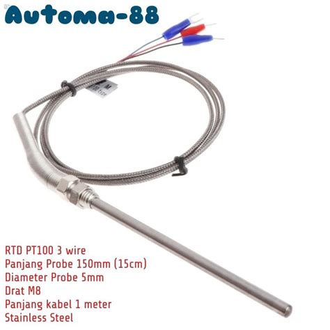 Jual Temperature Sensor Thermocouple Rtd Pt100 3 Kabel Wire Stainless Probe 150mm 15cm Drat M8