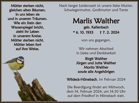 Traueranzeigen Von Marlis Walther Trauer Hna De