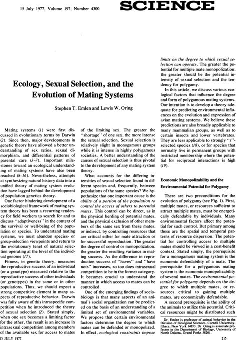 Ecology Sexual Selection And The Evolution Of Mating Systems Science