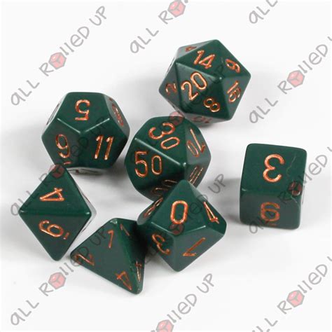 Polyhedral 7 Dice Set Opaque Dusty Green And Copper All Rolled Up