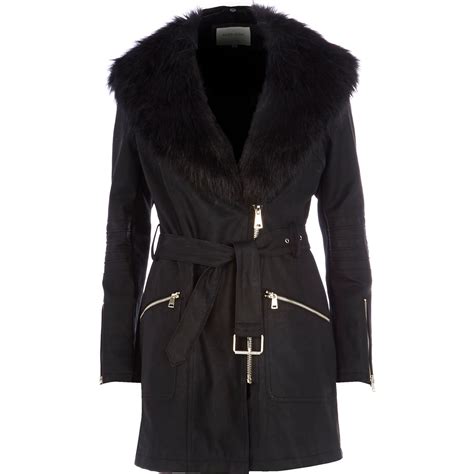 River Island Black Faux Fur Collar Leather Look Jacket In Black Lyst