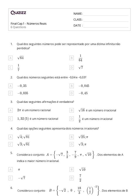 Números Irracionais Imprimível 7ª Série Planilhas Quizizz