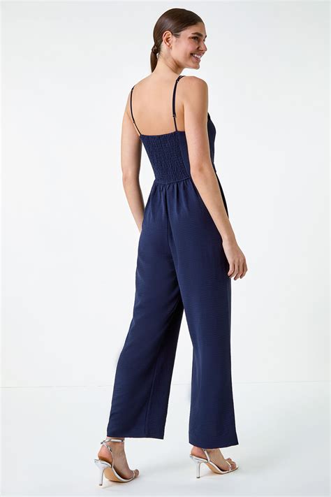 Navy Tie Waist Pocket Detail Wrap Jumpsuit Roman Uk