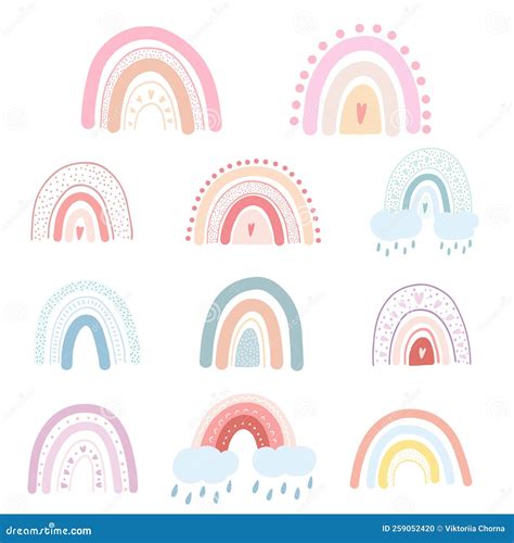 Set Of Hand Drawn Rainbows With Hearts Clouds Raindrops Vector